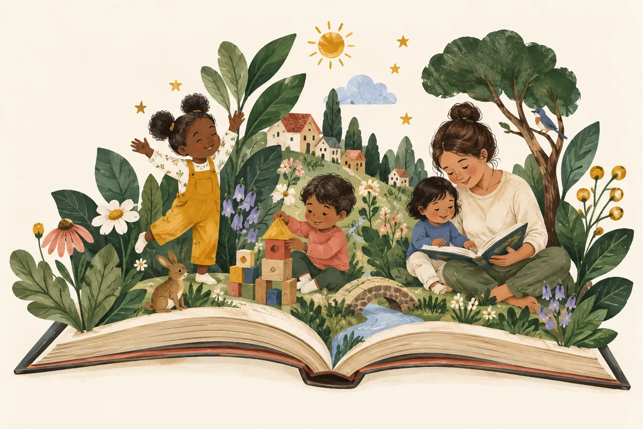 Storybook illustration of children learning and playing in a garden growing from an open book.