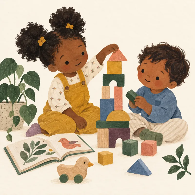 Illustration of two young children carefully building a colorful tower of wooden blocks.